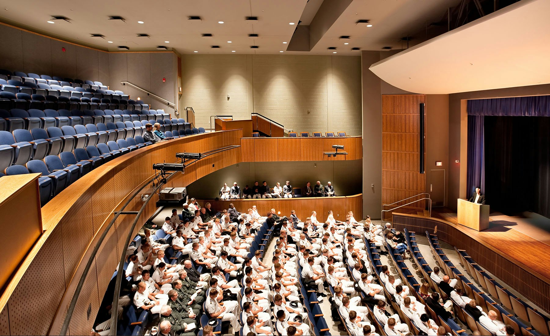 Marshall Hall, the Center for Leadership and Ethics offers an opportunity to integrate this framework with cadet experiences and extend the Institute’s mission to national recognition. It includes a 500-seat Auditorium, several breakout Meeting Rooms for symposia and conference, a multi-purpose Assembly hall to accommodate up to 800 persons in a banquet setting, and administrative space for the program’s director and staff.